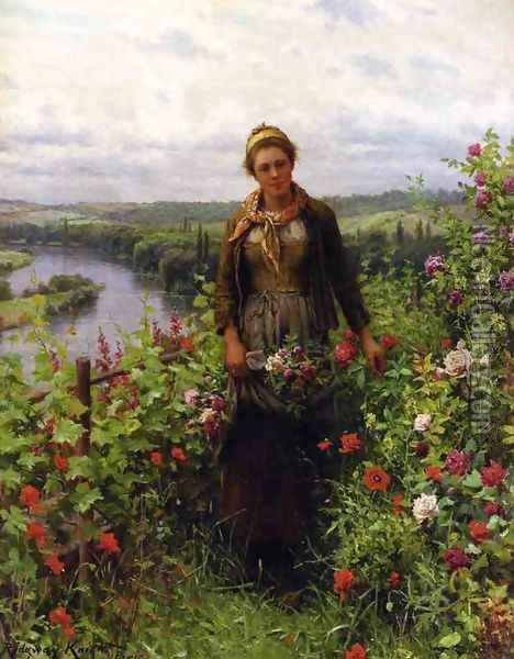 A Maid In Her Garden Oil Painting - Daniel Ridgway Knight