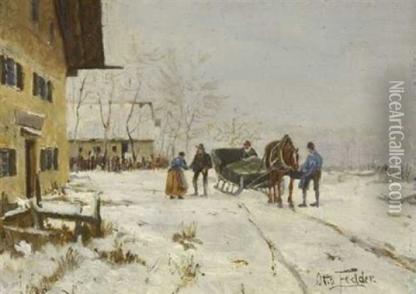 Halt Des Pferdeschlittens Vor Dem Bauernhaus Oil Painting - Otto Fedder