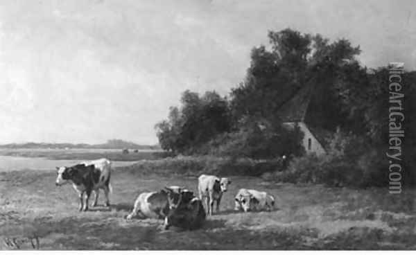 Cows grazing in a summer meadow Oil Painting - Hendrik Savrij