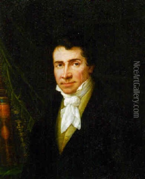 Portrait Of A Gentleman, Bust-length, In A Black Jacket And A Cravat Oil Painting - Joseph Brodowski