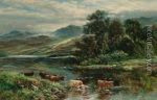 Loch Landscape With Highland Cattle Watering In The Foreground Oil Painting - William Langley