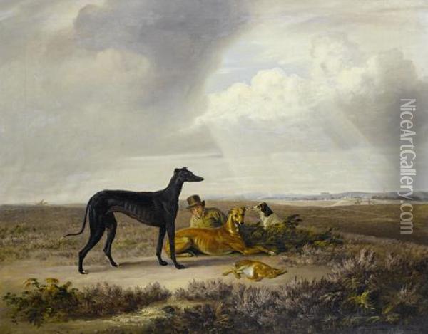 An Extensive Landscape With Greyhounds And A Young Sportsman Oil Painting - Edmund Bristow