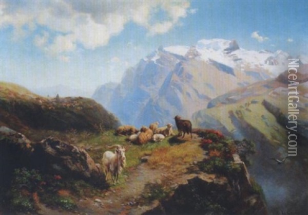 Schafer Mit Seiner Herde Auf Einer Hochalm Oil Painting - Edward L. Custer