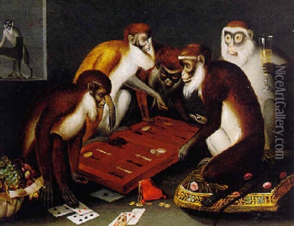 Monkeys Playing Backgammon Oil Painting - Ferdinand van Kessel