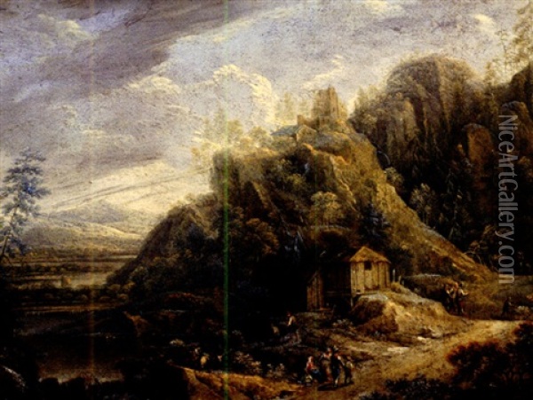 Flusslandschaft Mit Ruinenhugel, Alter Muhle Und Zahlreicher Figurenstaffage Oil Painting - Johann Friedrich Thiele