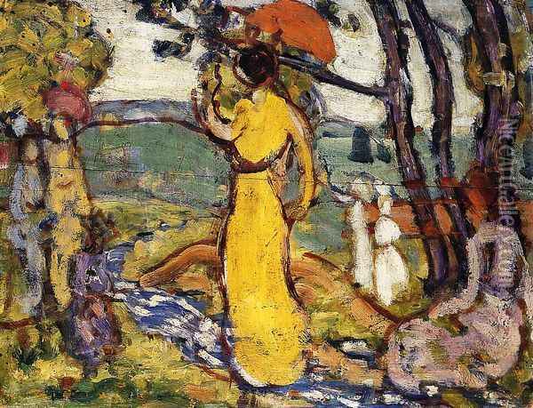 Lady In Yellow Dress In The Park Aka A Lady In Yellow In The Park Oil Painting - Maurice Brazil Prendergast