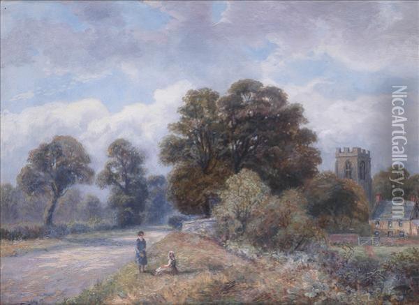 A Nottinghamshirevillage, Sunlit Summer Scene With Figures, Church And Farmhousebeyond Oil Painting - Enoch Crosland