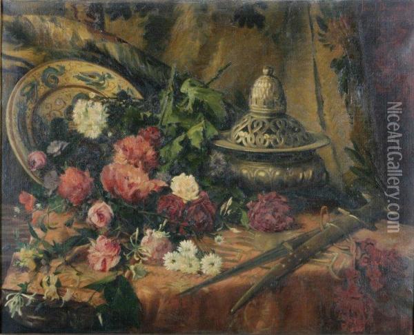 Nature Morte Aux Fleurs Et Aubrule-parfum Oil Painting - Pascal Blanchard