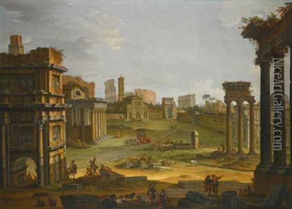 Rome, A View Of The Forum With The Campo Vaccino, The Church Of Santa Francesca Romana And The Colosseum Oil Painting - Antonio Joli