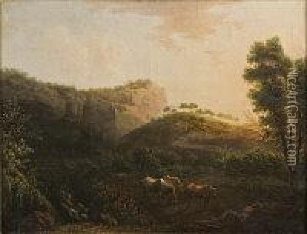 Swain With Cattle In A Wooded Valley Landscape Oil Painting - Robert Carver