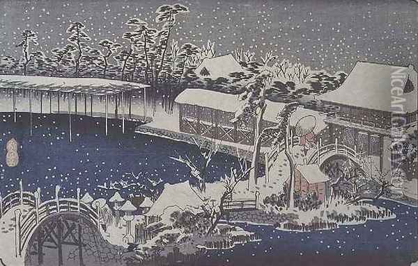 Snow at night a scene depicting a house river and ornamental garden under falling snow from the series 53 Stations of the Tokaido Oil Painting - Utagawa or Ando Hiroshige