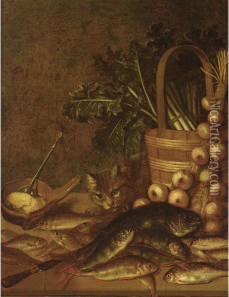 A Still Life With Fresh-water 
Fish, A Basket With Asparagus, Onions, Lettuce, A Knife And A Bowl With 
Butter And A Spoon, All On A Wooden Ledge Together With A Cat Oil Painting - Pieter de Putter