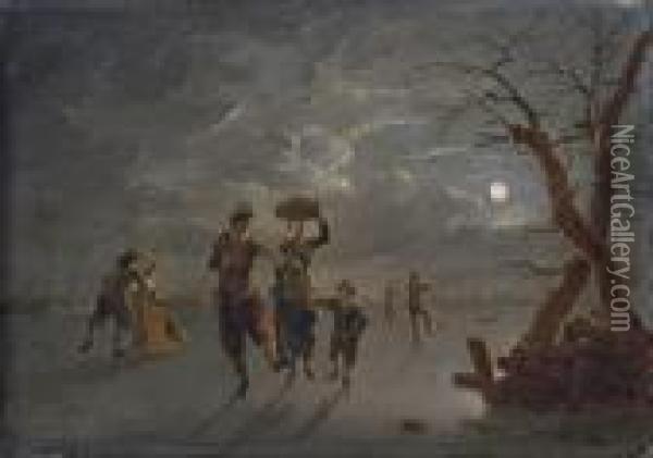 A Moonlit Winter Landscape With Skaters On A Frozen River Oil Painting - Franz Ferg