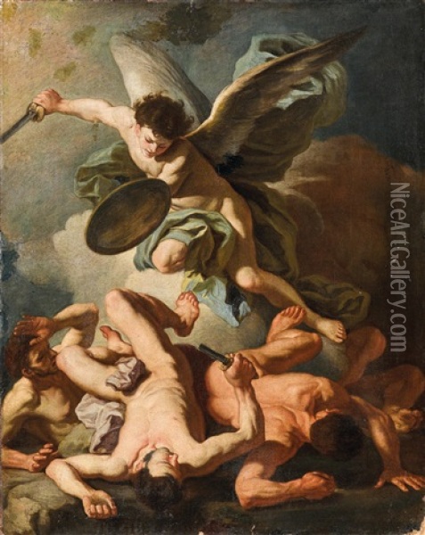 Saint Michael Expelling The Rebel Angels Oil Painting - Francesco Solimena