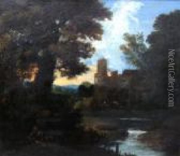 Figure In An Italianate River Landscape With A Castle Oil Painting - Aelbert Meyeringh