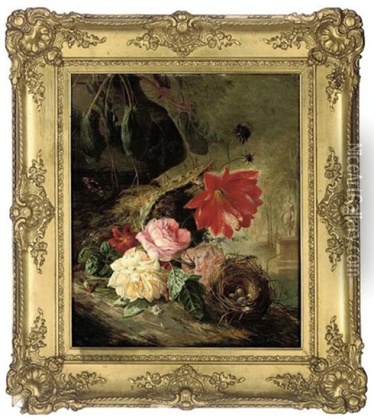 Roses, Primrose, Cactus Flower, And A Bird's Nest On A Mossy Bank, With A Classical Statue Beyond Oil Painting - Francois Joseph Huygens