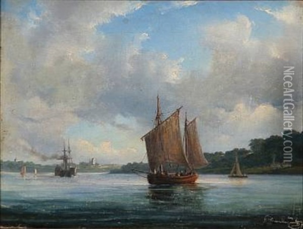 Fjord Scene With Fishing Boats And A Paddle Steamer Oil Painting - Daniel Hermann Anton Melbye