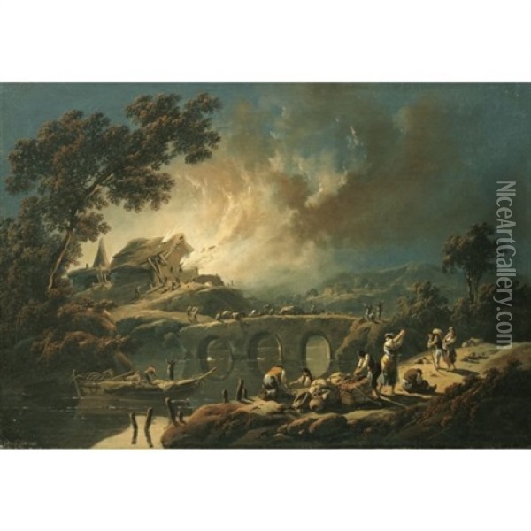 A River Landscape With Figures Fleeing A Burning Village Oil Painting - Jean Baptiste Pillement