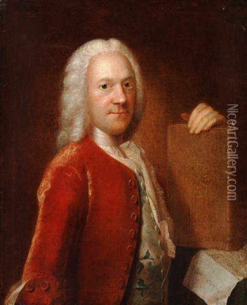 Portrait Of A Gentleman, With A Wig And A Red Coat Oil Painting - Johan Hoerner