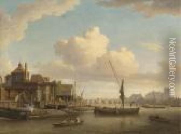 Messrs Peach And Larkin's Barge 
Building Yard On The Lambeth Bankof The Thames, Westminster Abbey Beyond Oil Painting - William Marlow