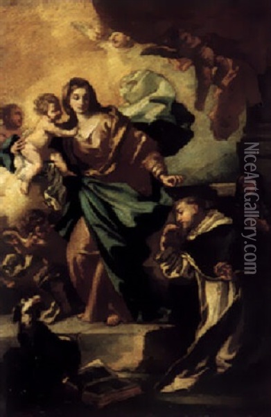 The Madonna And Child Presenting Saint Dominic With The Rosary Oil Painting - Francesco de Mura