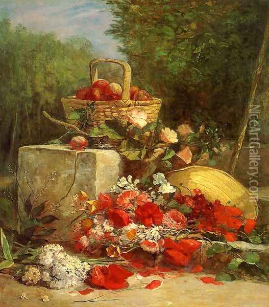Flowers and Fruit in a Garden Oil Painting - Eugene Boudin