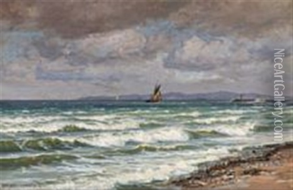 A Coastal View With Migratory Birds In The Horizon Oil Painting - Vilhelm Karl Ferdinand Arnesen