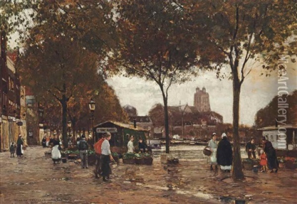 Market Day In Dordrecht Oil Painting - Heinrich Hermanns