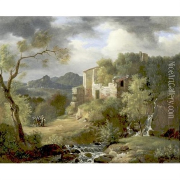 Italianate Landscape With Figures On A Path Near Ruins Oil Painting - Achille Etna Michallon