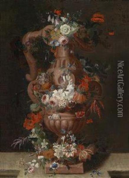Still Life With Flowers And A Earthenware Vase Oil Painting - Pieter Hardime