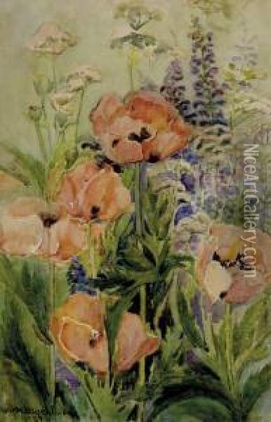 Poppies In Garden Oil Painting - Mary May Nightingale Washburn