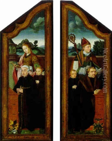 Saints Sylvester And Barbara With Donor Figures Oil Painting - Bartholomaeus (Barthel) Bruyn the Younger
