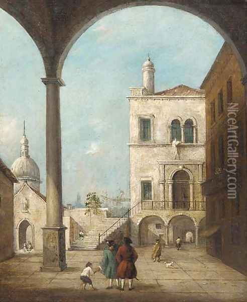 A Venetian courtyard with figures under a colonnade Oil Painting - Francesco Guardi