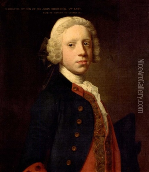 Portrait Of Marescoe Frederick In A Blue Military Coat And Red Waistcoat, Holding A Tricorn Oil Painting - Allan Ramsay