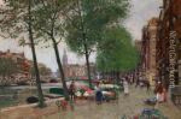 Blumenmarkt In Amsterdam Oil Painting - Heinrich Hermanns