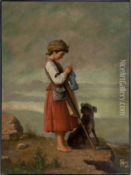 A Young Girl And A Dog Oil Painting - Ludwig Passini