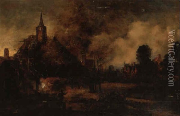 A Village By A River At Moonlight With Burning Church Oil Painting - Aert van der Neer