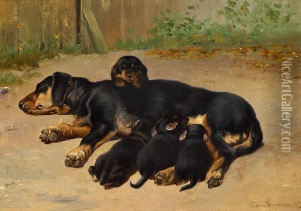 A Dachshund And Her Puppies Oil Painting - Simon Simonson