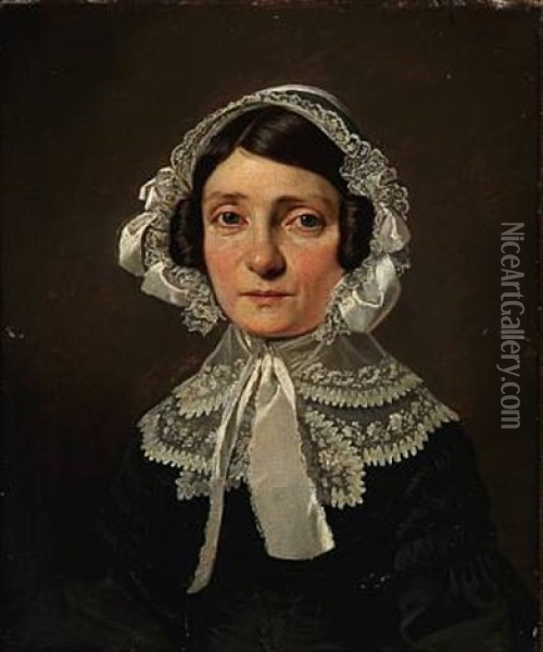 Portrait Of Mrs. Eckegreen In A Black Dress With White Collar And Bonnet Oil Painting - David Monies