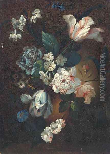 Parrot tulips, chrysanthemums, morning glory and other mixed flowers in an urn Oil Painting - Simon Pietersz. Verelst