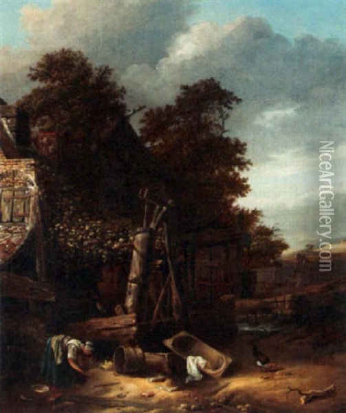 A Woman Emptying A Pale Near A Well In Front Of A Farm Oil Painting - Cornelis Gerritsz Decker