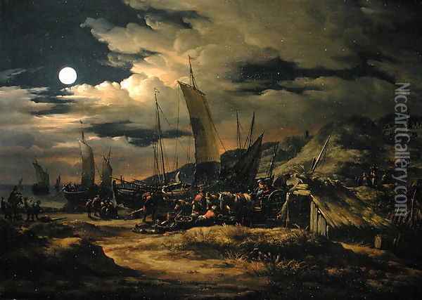 Seashore by moonlight with fishermen unloading their catch Oil Painting - Egbert van der Poel