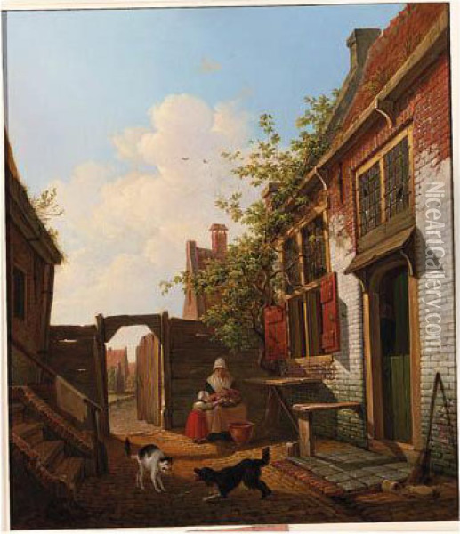 A Sunlit Courtyard With Mother And Child Peeling Vegetables Oil Painting - Francois Joseph Ii Pfeiffer