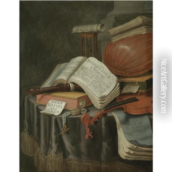 A Vanitas Still Life With Books And Manuscripts, A Recorder, A Lute, A Violin, An Hourglass And A Compass, All On A Draped Table Oil Painting - Edward Collier