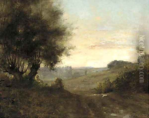 A wooded landscape at dusk Oil Painting - Gabriel Guerin