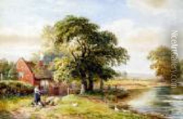 Feeding The Chickens. On A Rural Path Beside A Meandering River Oil Painting - Alfred Banner