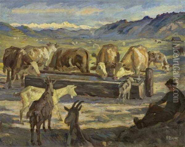 Cattle Watering. Oil Painting - Franz Elmiger