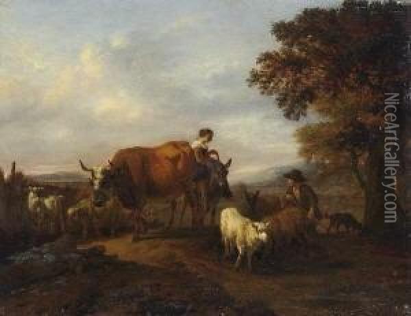Heimkehrendes Hirtenpaar Mit
 Viehherde In Der Abenddammerung. Oil Painting - Adrian Van De Velde
