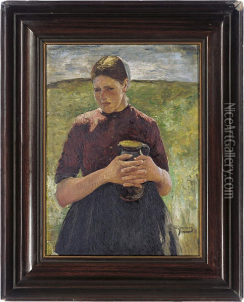 Portrait Of A Girl, Half-length, In A Field Holding A Jug Oil Painting - August Jernberg