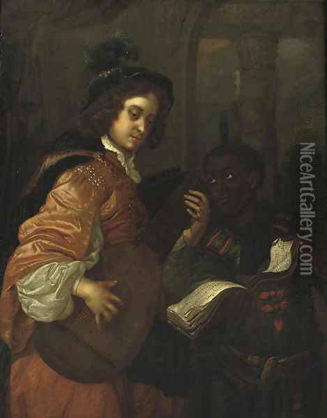A man playing the lute with a servant holding a music sheet Oil Painting - Carel de Moor